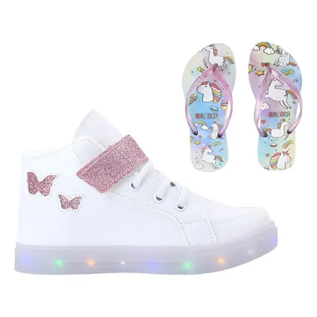 Tênis Feminino Infantil Botinha Borboleta De Led + Chinelo