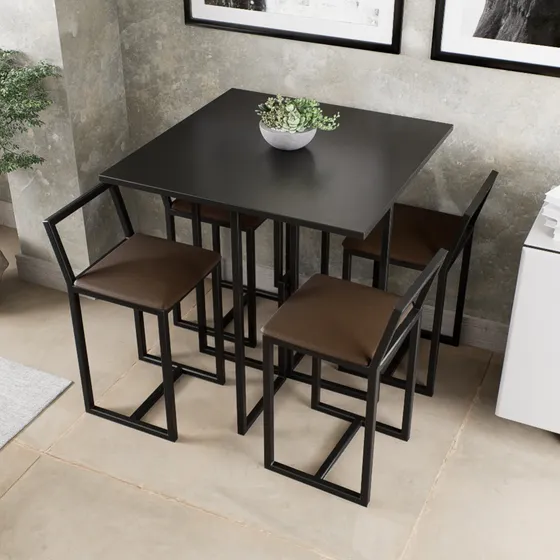 Conjunto Mesa Preta 4 Cadeiras Pequena Estofado Black Cor Marrom