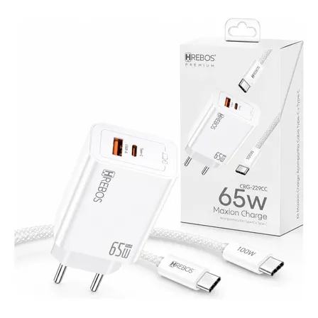 Carregador 65w Turbo Usb-c Pd + Usb-a Com Cabo Usb-c De 100w Branco