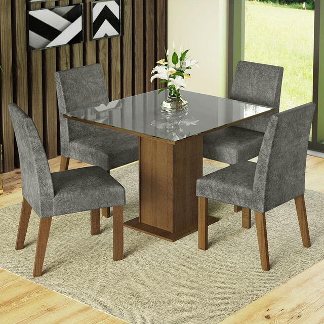Sala Jantar Estofada Mesa Tampo Vidro 4 Cadeiras Madesa Anne Rcs Cor Rustic/cinza/silver M... Sala Jantar Estofada Mesa Tampo Vidro 4 Cadeiras Madesa Anne Rcs Cor Rustic/cinza/silver M...