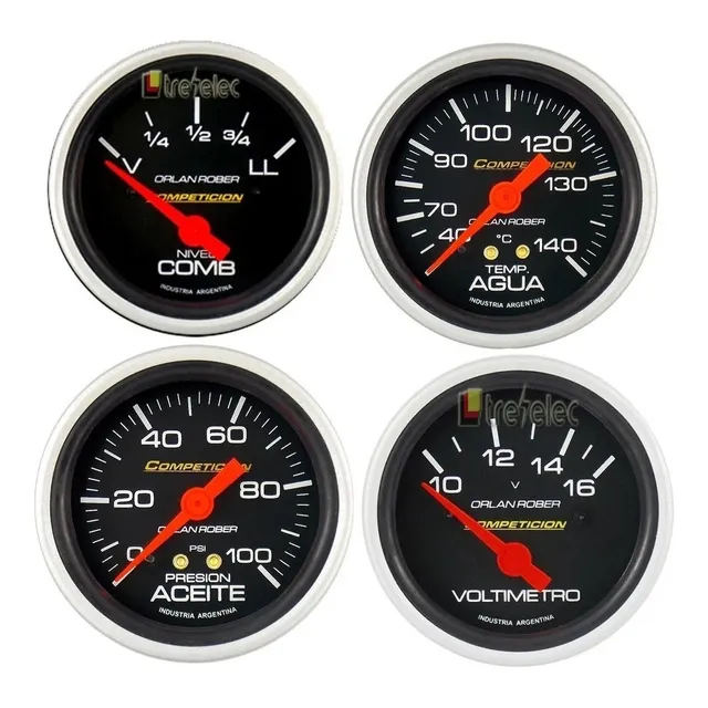 Kit 4 Relojes Orlan Rober Linea Competicion Ø60mm Voltímetro + Presión Aceite + Nivel Combustible + Temperatura Agua