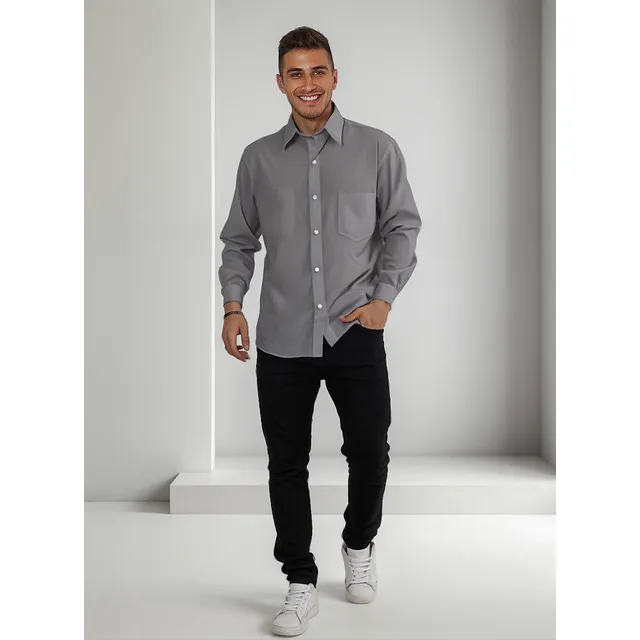 Camisa Hombre Lisa De Vestir Manga Larga Con Bolsillo