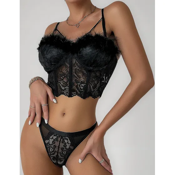 Corsettes Top Camisola Con Borlas De Plumas Y Encaje