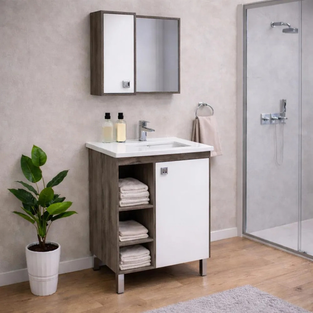 Gabinete Banheiro 60cm Argelia Com Espelheira e Cuba Citra/branco