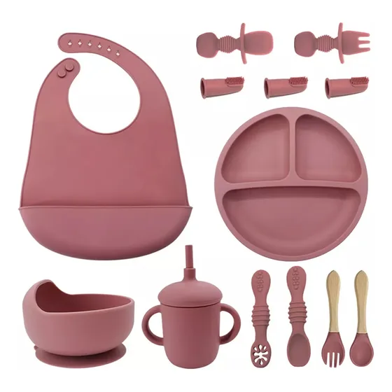 Banna 13 Piezas Juego de Cubiertos de Silicona para Bebé Platos con Tazón Cuchara Tenedorplato con Ventosas Baberos Ajustable Rosa profundo BT4X- wdk-13pcs