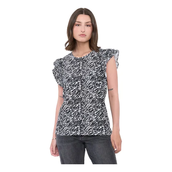 Polera Mujer Vuelos Animal Print Negro Corona