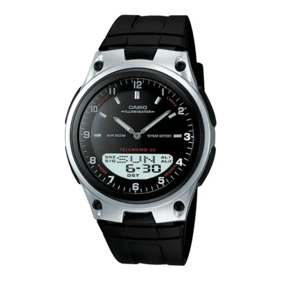 Reloj de pulsera Casio Collection AW-80 de cuerpo color plateado y negro, analógico-digital, fondo negro, con correa de resina color negro, agujas color plateado y blanco, dial blanco y plateado, minu
