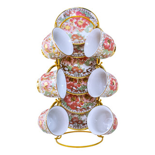 Juego De Tazas 12 Pzs Porcelana Incluye Base Metálica Dorada Juego De Tazas 12 Pzs Porcelana Incluye Base Metálica Dorada
