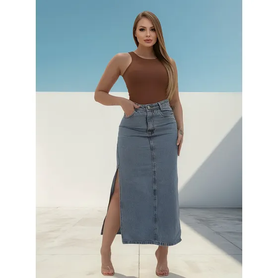 Saia Jeans Longa Midi Feminina Cintura Alta Com Fenda