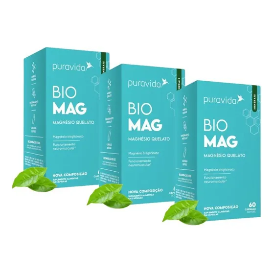 Kit 3x Bio Magnésio - 60 Softgels Cada - Puravida Sabor Sem Sabor