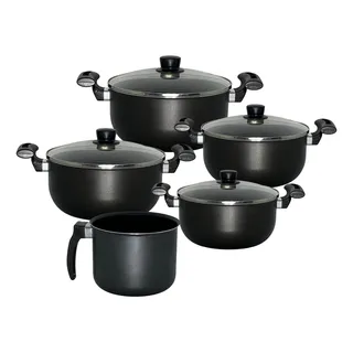 Jogo De Panelas Antiaderente Preto 5 Pçs Tampas De Vidro Jogo De Panelas Antiaderente Preto 5 Pçs Tampas De Vidro