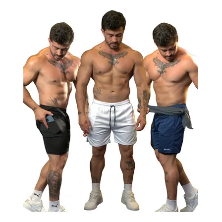 Kit 3 Shorts 2 Em 1 Masculino Dry Fit Compressão Fitness Run 1- Branco 1- Preto 1- Azul Lisa Gg