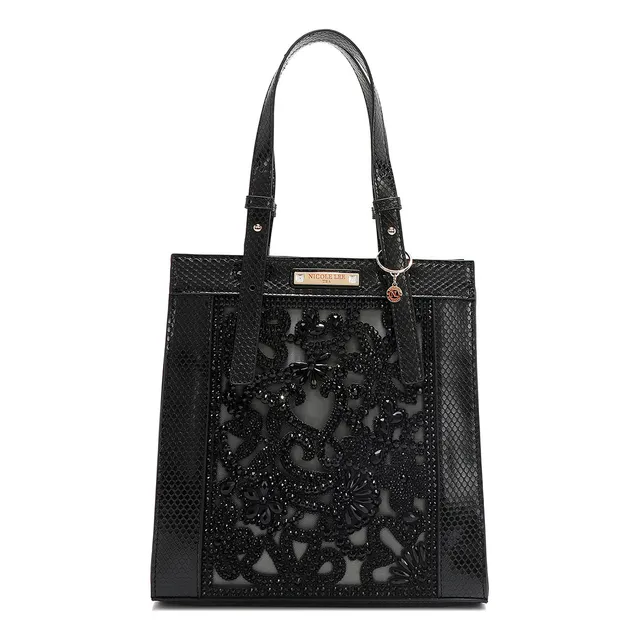 Bolsa Shopper Nicole Lee Elegante Diseño Pedrería Flores Acabado de los herrajes Níquel Color Negro Correa de hombro Negro Diseño de la tela Piel Vegana