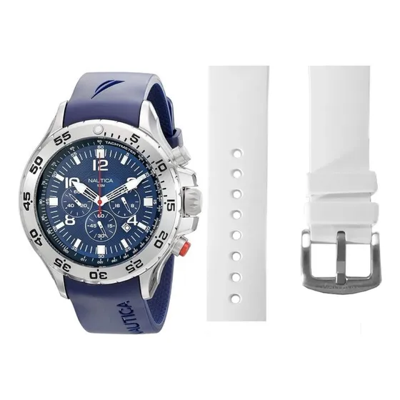 Relógio Nautica Prata E Azul Borracha + 1 Pulseira De Brinde