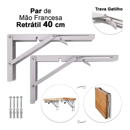 Kit 2 Suporte Mão Francesa Cantoneira Dobrável Retrátil 40cm Reforçada Para Prateleira Bancada Mesa Parede Resistente Com Parafuso E Bucha Cor Branco Marca Sanri