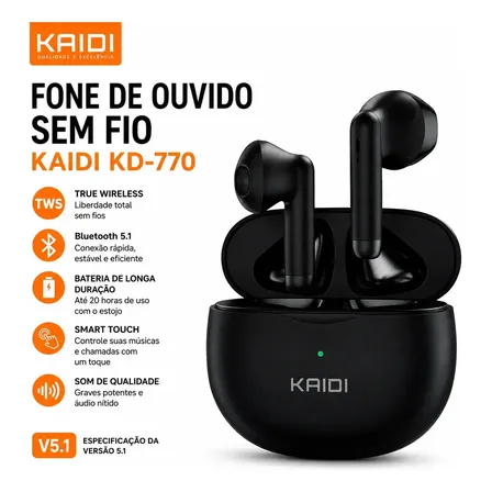 Fone De Ouvido Kaidi 770 Sem Fio Tws Bluetooth 5.1 Cancelamento Cvc Chamadas Hd Modo Jogo Baixa Latência Bateria Longa Estojo Magnético Controle Touch Som Premium Versão Avançada Cor Preto HIVI
