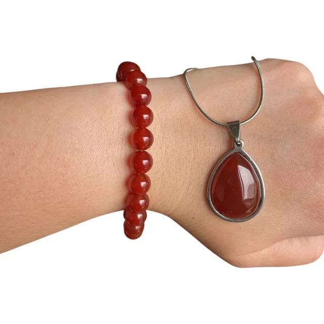 Conjunto De Piedra Cornalina -collar Gota Con Pulsera De 8mm