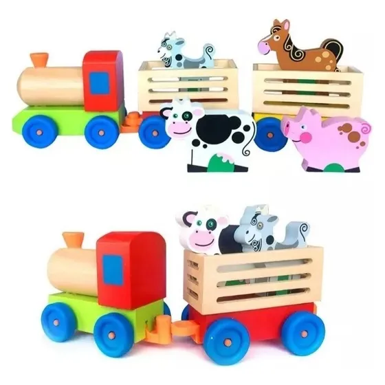 Tren Juguete De Madera Para Niños Granja Y Animales Color Multicolor