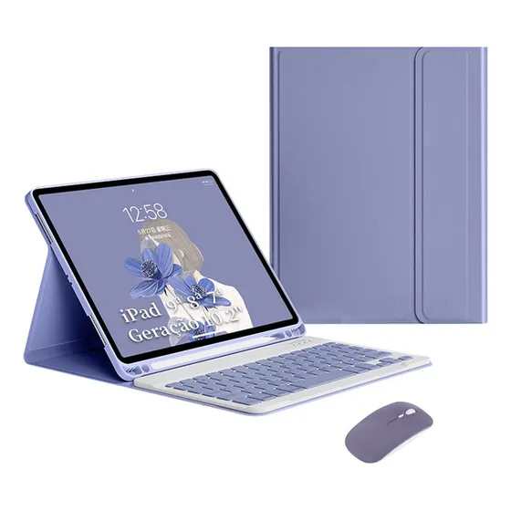 Teclado E Mouse Bluetooth + Capa Para iPad 9ª/8ª/7ª Geração Cor Cinza Lavanda