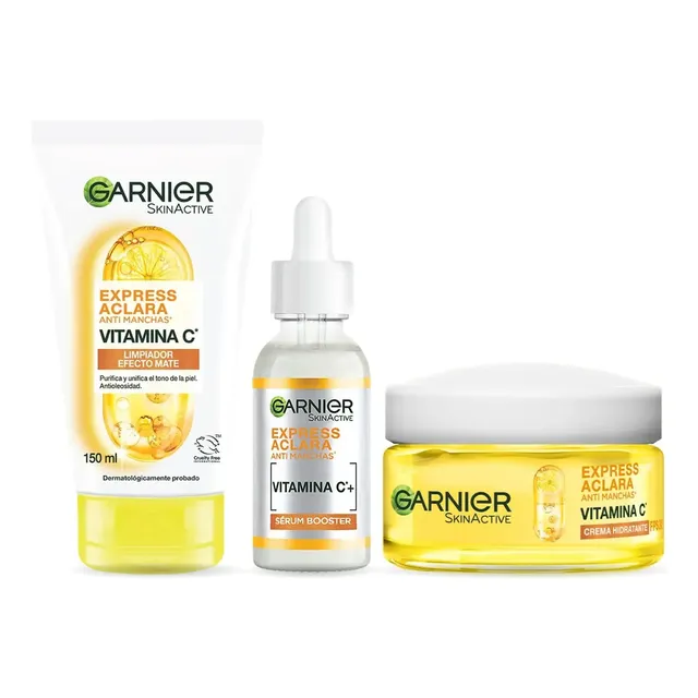 Kit Garnier Express Aclara Rutina Anti Manchas Con Vitamina C, Gel Limpiador, Sérum Facial Y Crema Hidratante Fps30, Hidrata, Ilumina Y Unifica El Tono De La Piel