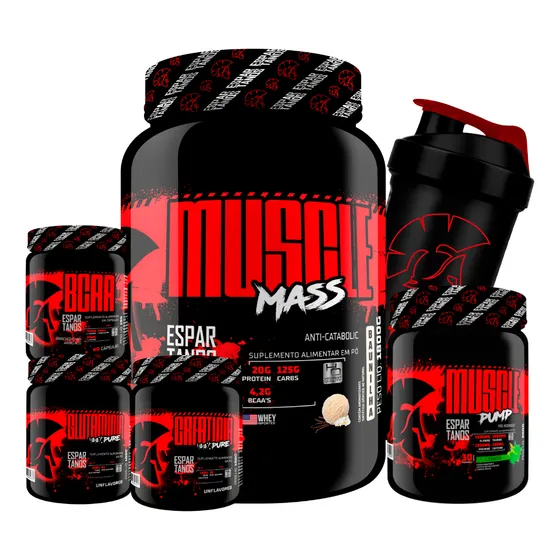 Kit Massa + Bcaa + Creatina + Gluta + Pré Treino Limão+ Copo Sabor Baunilha