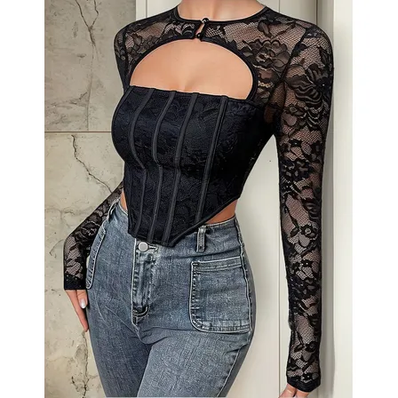 Crop Top Manga Larga Con Encaje Floral Y Malla Para Mujer