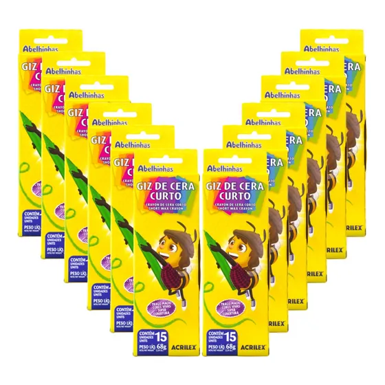 Giz De Cera Curto Escolar Acrilex Com 15 Cores Kit Com 12 Cx