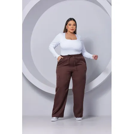 Calça Plus Size Pantalona Wide Leg Feminina C/ Bolso Cargo