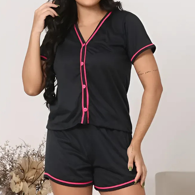Pijama Feminino Blogueira Amamentação Com Botões Baby Doll Preto Liso P Pijama Feminino Blogueira Amamentação Com Botões Baby Doll Preto Liso P