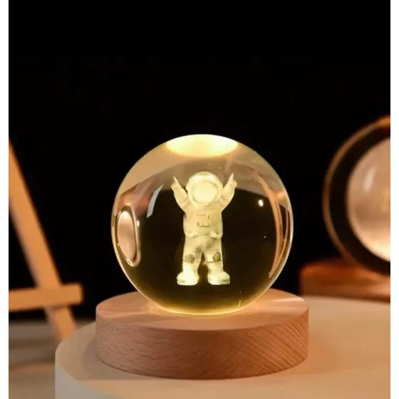 Lámpara Mesa Led Esfera Cristal Madera 8cm Usb Astronauta