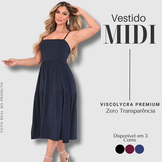 Vestido Midi Liso De Alça Elegante Soltinho Leve Luxo Moda Vestido Midi Liso De Alça Elegante Soltinho Leve Luxo Moda