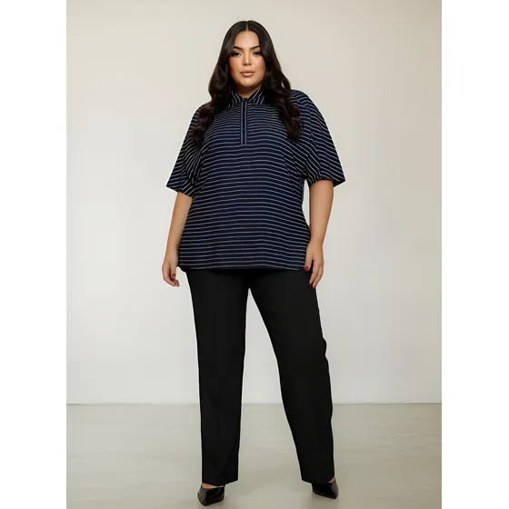 Blusa Feminina Plus Size Viscolinho Listrado C/ Gola Estilo