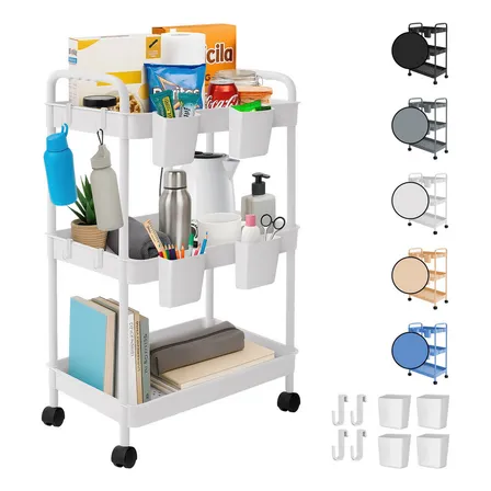 Carrito Organizador Multiusos 3 Niveles 4 Cestos Y Ganchos Auxiliar Ruedas 360 Desmontable Soporta 13kg 72x37x21cm Blick Color Blanco
