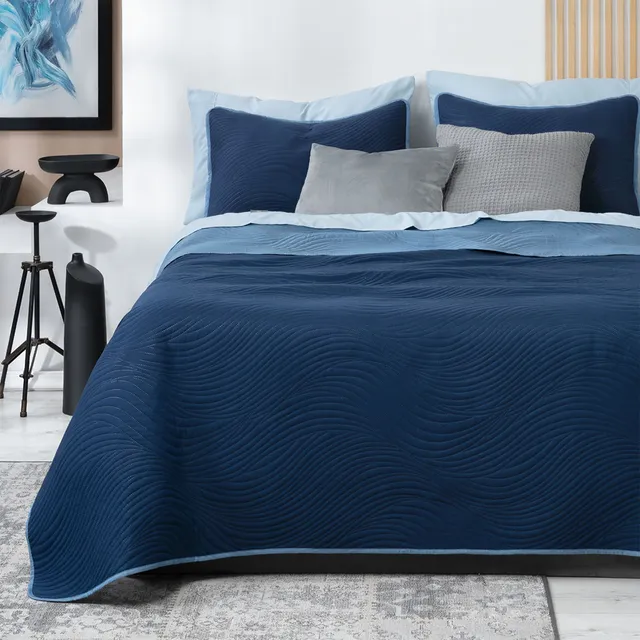 Edredón Ligero Doble Vista Real Textil + 2 Fundas de Almohada, Juego de Colcha Matrimonial, Color Azul Marino - Azul Grisaceo