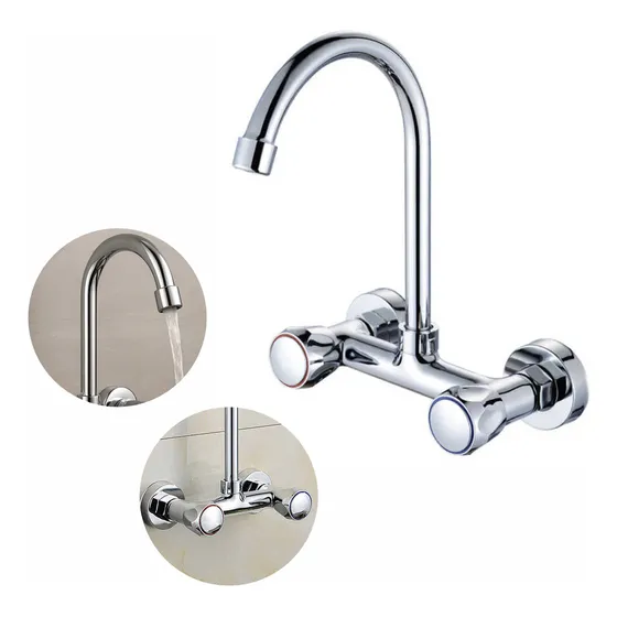 Torneira De Parede Para Cozinha Quente E Frio Duplo Comando Distância Entre Furos 15cm Bica Alta Giratória Inox Cromado Alta Durabilidade Fc Via Flix