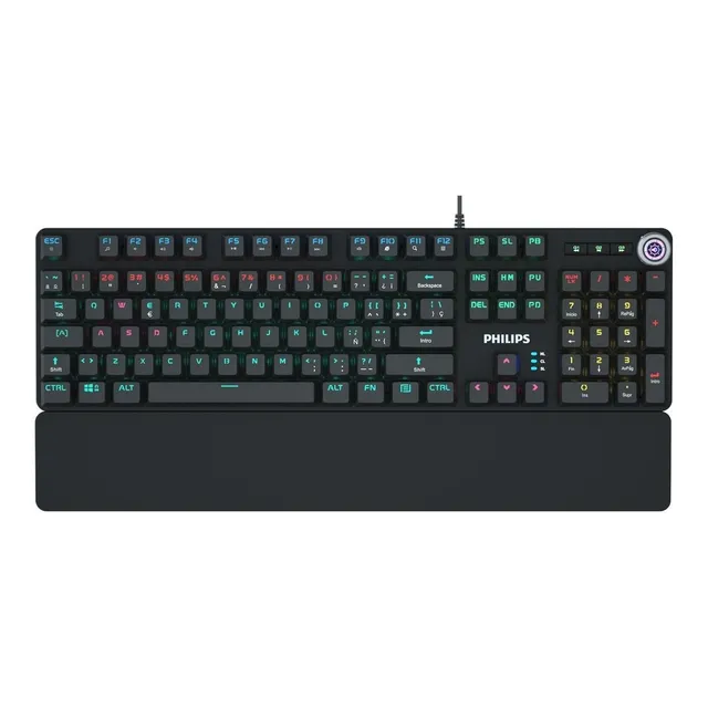 Teclado gamer Philips Serie G605 SPK8605 QWERTY Philips Cyan inglés US color negro con luz rainbow