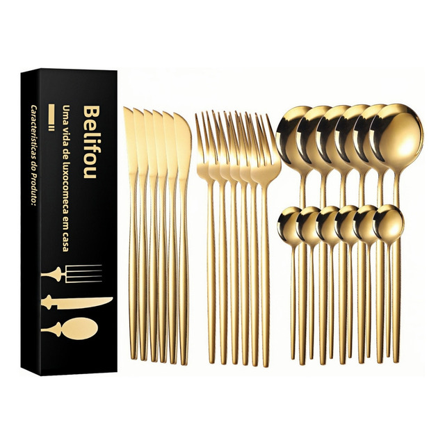 Belifou Kit 24 Peças Jogo De Talheres Dourados Aço Inoxidável 416 Cor Dourado