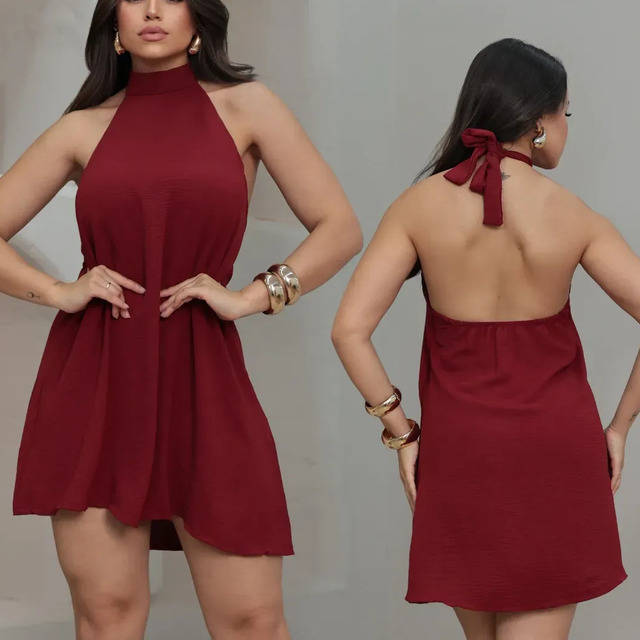Vestido Curto Frente Única Soltinho Gola Alta Costas Nuas Vermelho Único Vestido Curto Frente Única Soltinho Gola Alta Costas Nuas Vermelho Único