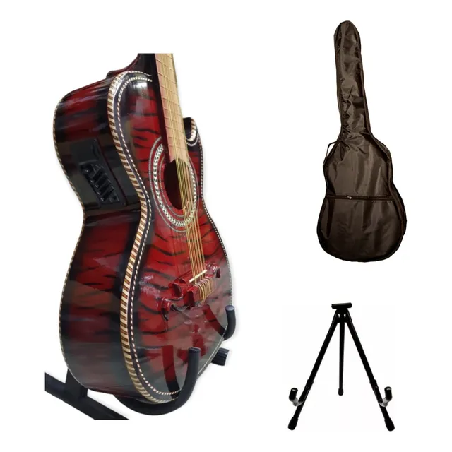 Bajo Quinto Electroacustico Madera De Cedro Con Resaque Rojo