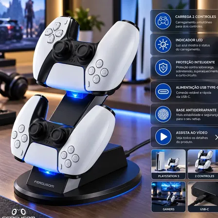 Suporte Base Carregador para Controle Compatível com PS5 Playstation Slim Dual USB com Indicador Led e Base Antiderrapante - Estação De Carregamento para dois controles simultâneos USB Tipo C Fergusom