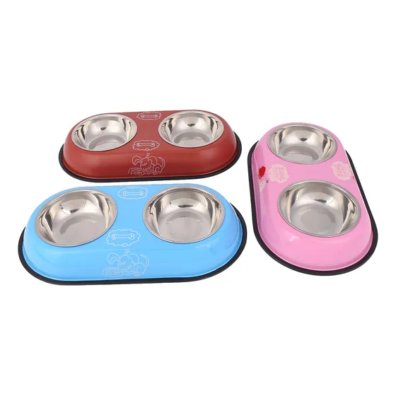 Plato Doble De Aluminio Para Mascotas Azul Y Rojo