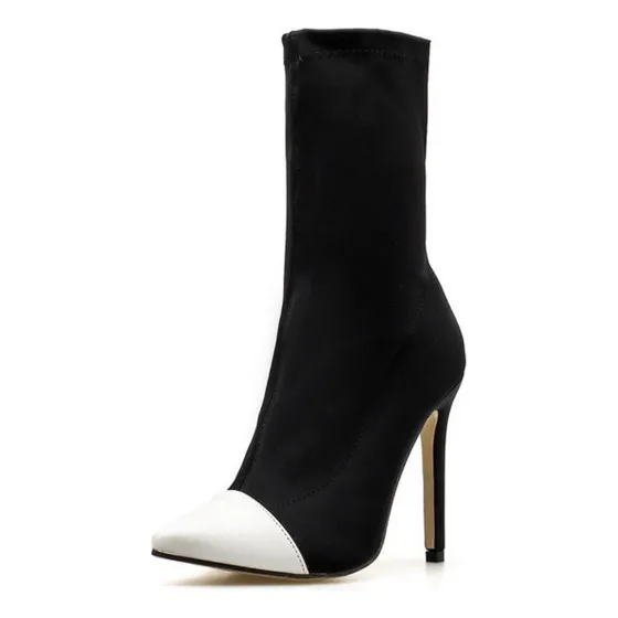 Botas De Mujer Color Block De Tela Elástica Puntera En Punta