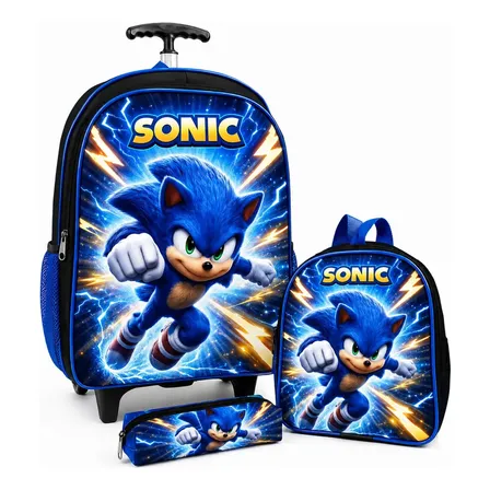 Mochila infantil Rodinha sonic Menino mochila lancheira e estojo blisco