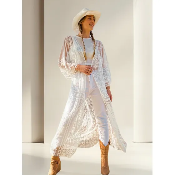Spolverino Kimono Túnica Encaje Bordado Playa Fiesta 