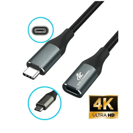Cabo Extensor Usb Tipo C Gen 2 Macho Para Fêmea 100w Carregamento Turbo Rápido Dados Video 4k/60hz Thunderbolt 3.1 Compativel Com Macbook iPhone Android Xiaomi Notbook 1 Metro Ice Coorel