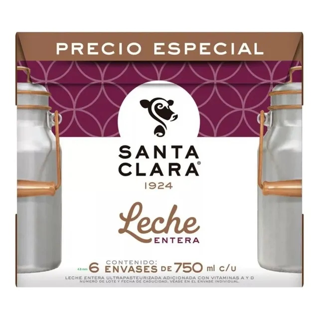 Leche Santa Clara Entera Pack Con 12 Leches De 750 Ml C/u