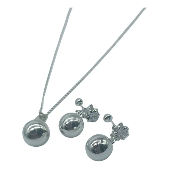 Juego Dije Bola Acabado Espejo Y Aretes Y Cadena Plata 925