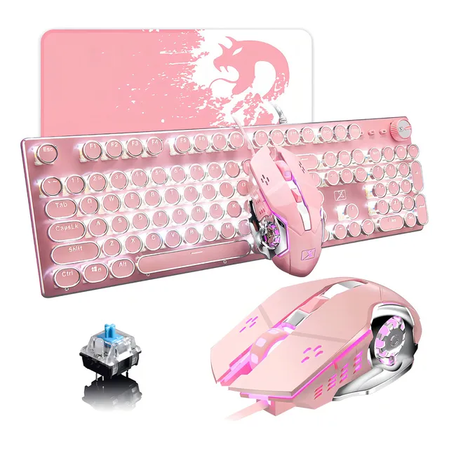 Teclado Y Mouse Tipo Máquina De Escribir Rosa, Retro, Vintage Para Juegos Con Retroiluminación Led Blanca, 104 Teclas Anti-ghosting Redondas, Interruptor Azul Con Cable, Para Escritorio O Laptop