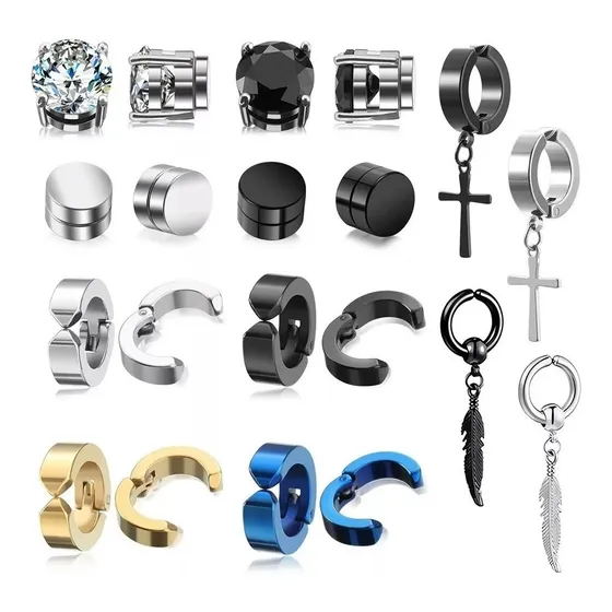 10 Pares Aretes Hombre Falsos Piercing Imán Arracadas Set