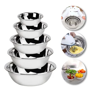 Jogo 5 Bowls Inox Saladeira Kit Tigela Vasilha Jogo 5 Bowls Inox Saladeira Kit Tigela Vasilha
